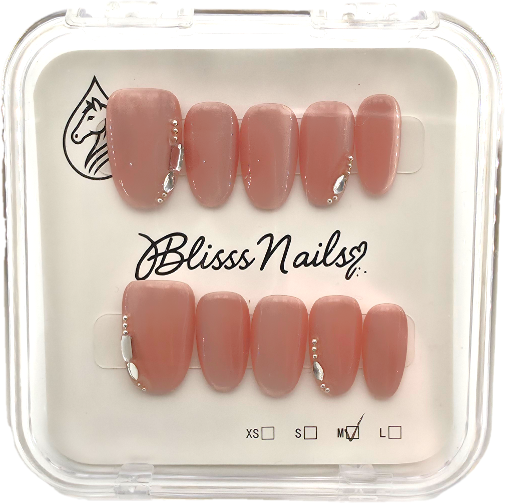 Blisss Nails Handmade Peach Nude with cat Eye Effect Press On Nails – Medium Almond/Oval Reusable Artificial Fake Nails with Crystal Accent | Premium Elegant Nail Art 10 Pc Nail Set