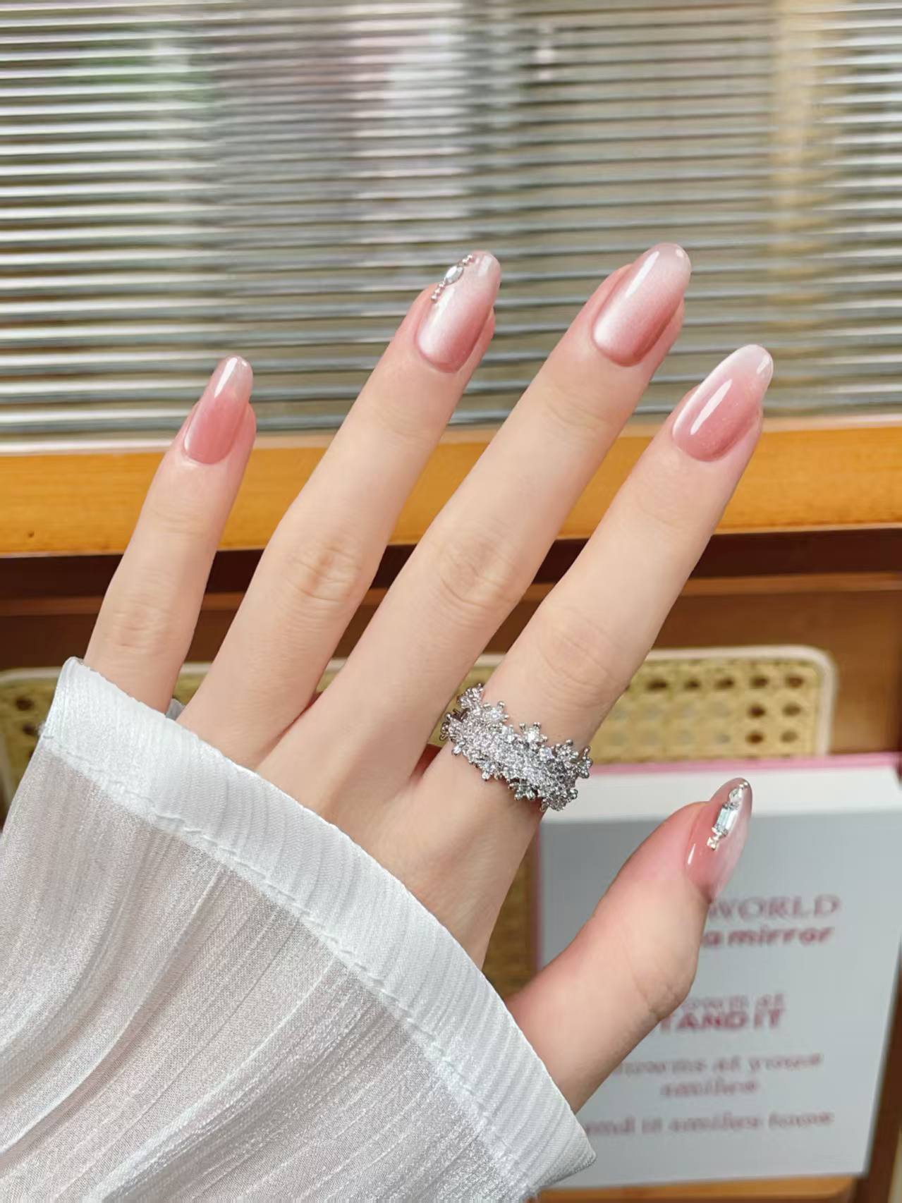 Blisss Nails Handmade Peach Nude with cat Eye Effect Press On Nails – Medium Almond/Oval Reusable Artificial Fake Nails with Crystal Accent | Premium Elegant Nail Art 10 Pc Nail Set