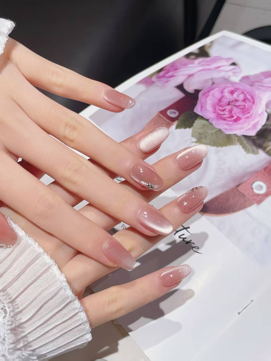 Blisss Nails Handmade Peach Nude with cat Eye Effect Press On Nails – Medium Almond/Oval Reusable Artificial Fake Nails with Crystal Accent | Premium Elegant Nail Art 10 Pc Nail Set