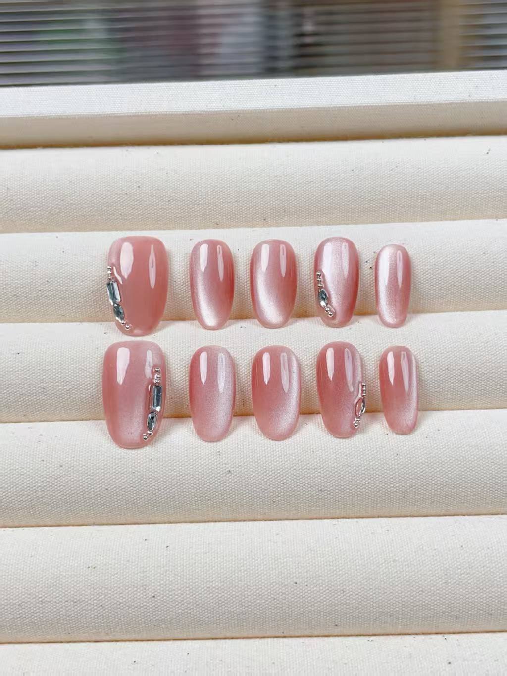 Blisss Nails Handmade Peach Nude with cat Eye Effect Press On Nails – Medium Almond/Oval Reusable Artificial Fake Nails with Crystal Accent | Premium Elegant Nail Art 10 Pc Nail Set