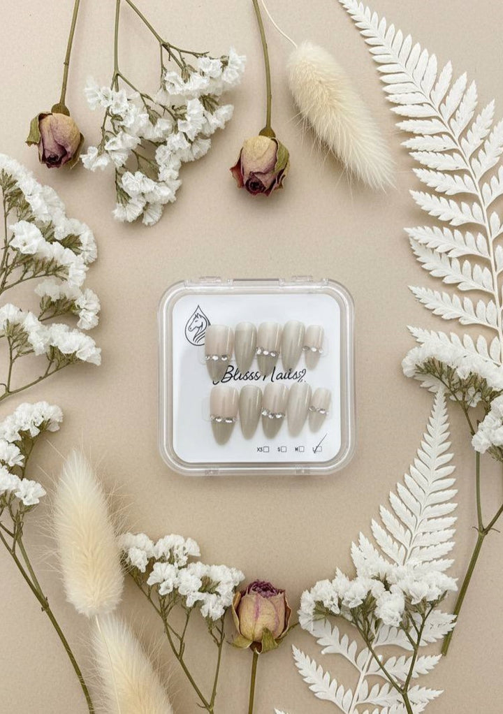 Blisss Nails Premium Handmade Nude Ombre with Cat Eye Effect Fake Nails – Long Almond Artificial Reusable Press On Nails with Rhinestone Chain Design | Elegant Glossy Salon Finish 10 pc Nails Set