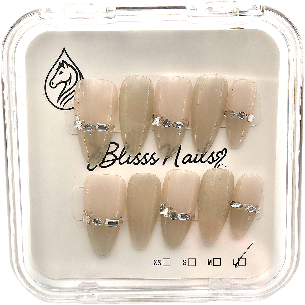 Blisss Nails Premium Handmade Nude Ombre with Cat Eye Effect Fake Nails – Long Almond Artificial Reusable Press On Nails with Rhinestone Chain Design | Elegant Glossy Salon Finish 10 pc Nails Set