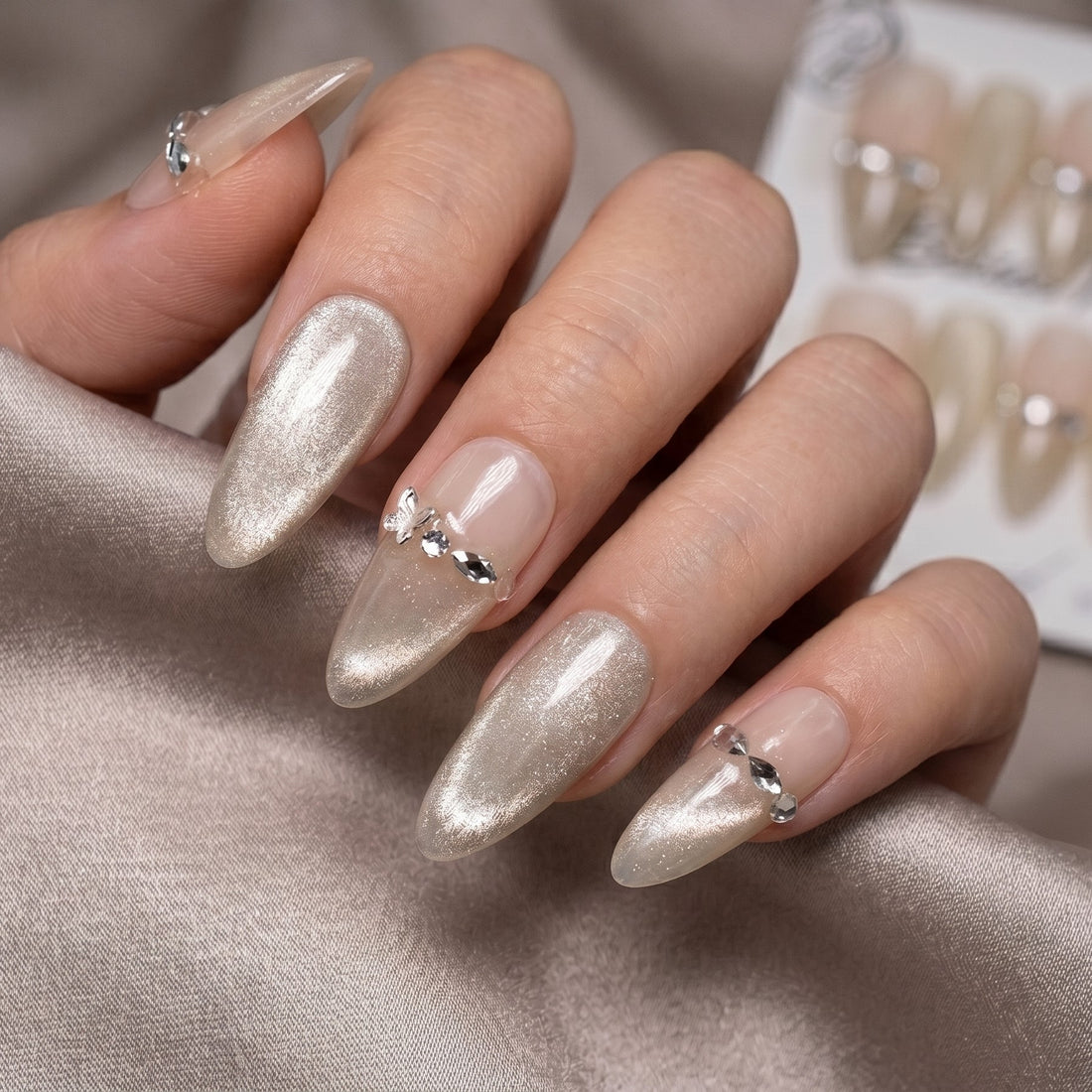 Blisss Nails Premium Handmade Nude Ombre with Cat Eye Effect Fake Nails – Long Almond Artificial Reusable Press On Nails with Rhinestone Chain Design | Elegant Glossy Salon Finish 10 pc Nails Set