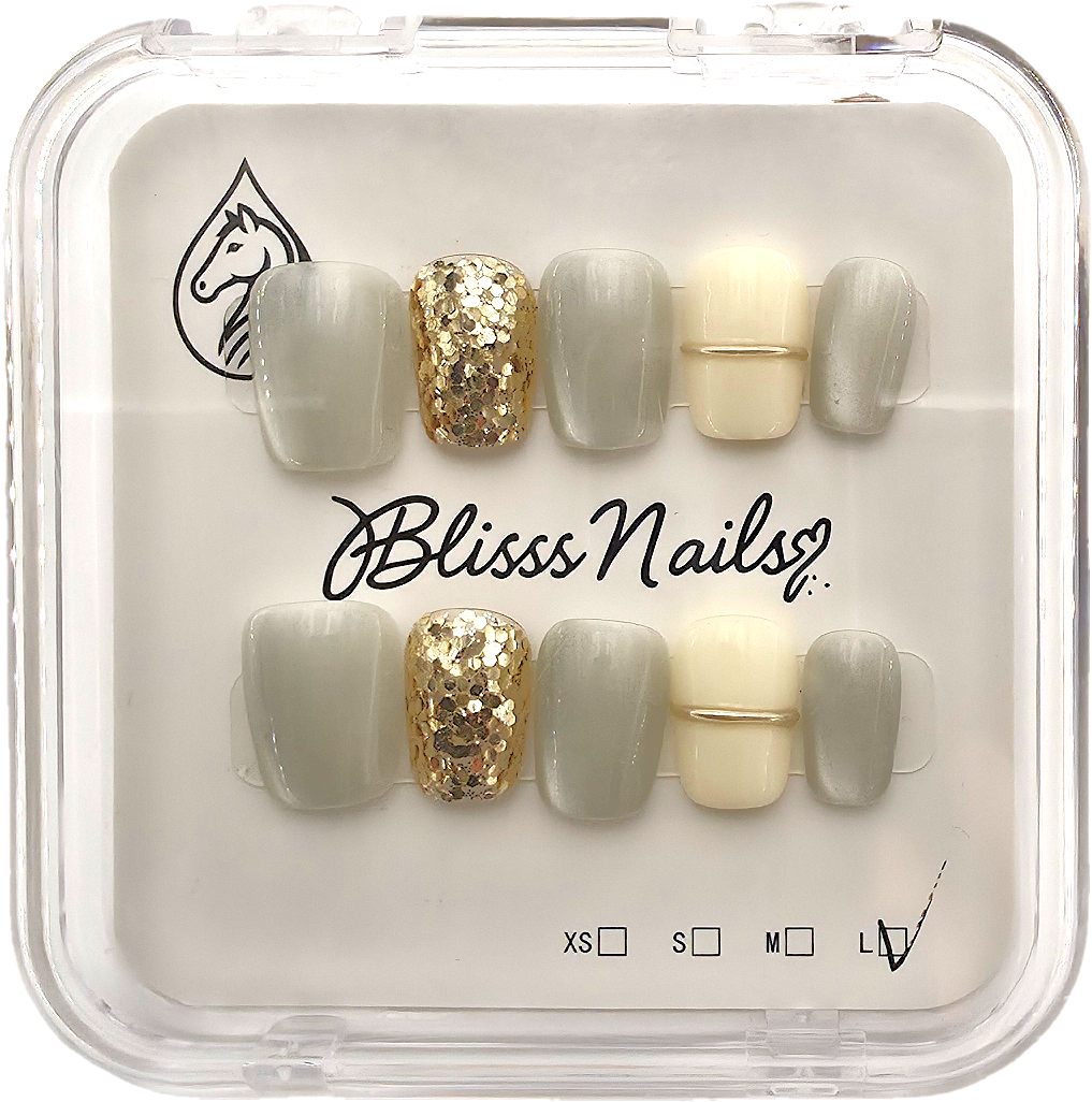 Blisss Nails Handmade White/Silver with Cat Eye Effect & Gold Glitter Press On Nails – Short Coffin Reusable Artificial Fake Nails | Premium Minimal Luxury Nail Art 10 pc Nails Set