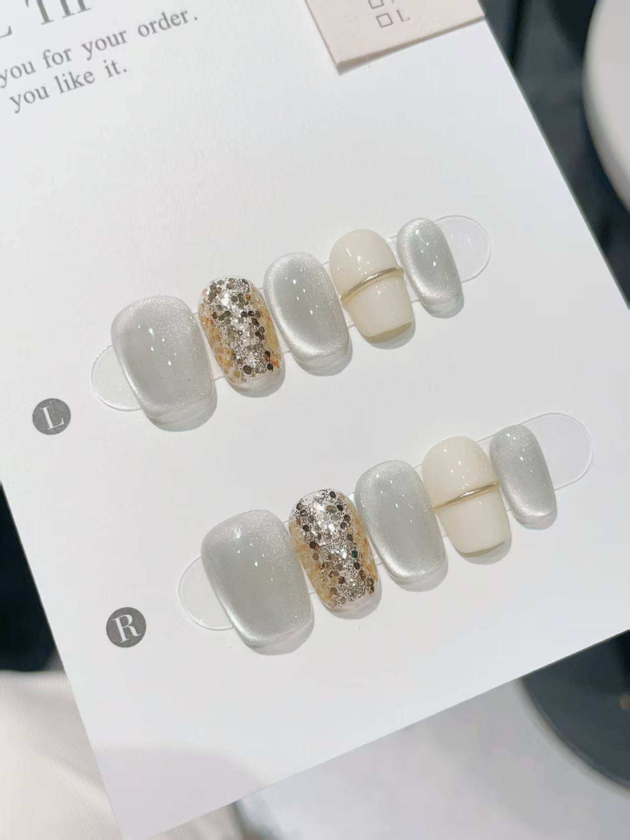 Blisss Nails Handmade White/Silver with Cat Eye Effect & Gold Glitter Press On Nails – Short Coffin Reusable Artificial Fake Nails | Premium Minimal Luxury Nail Art 10 pc Nails Set