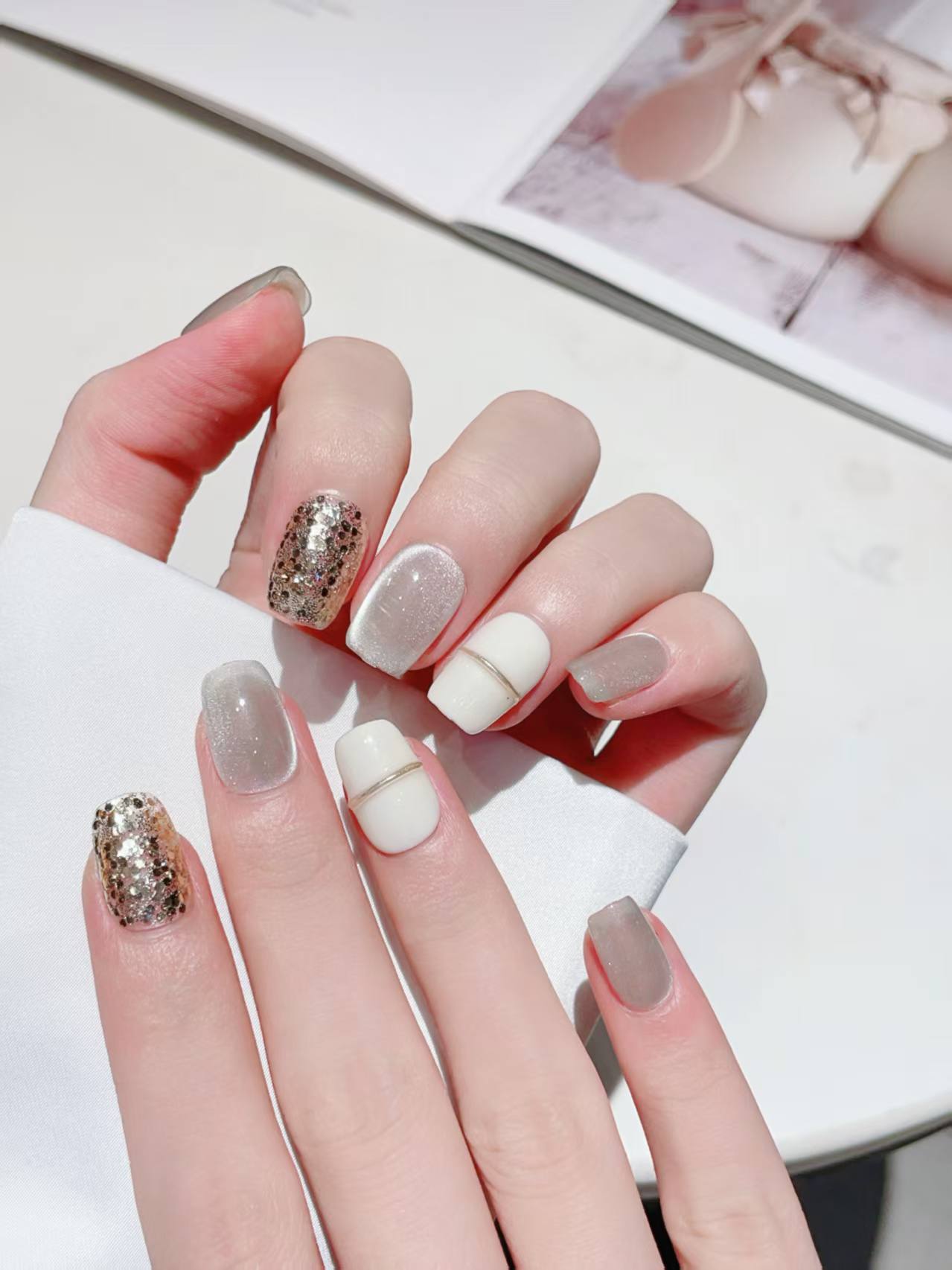 Blisss Nails Handmade White/Silver with Cat Eye Effect & Gold Glitter Press On Nails – Short Coffin Reusable Artificial Fake Nails | Premium Minimal Luxury Nail Art 10 pc Nails Set