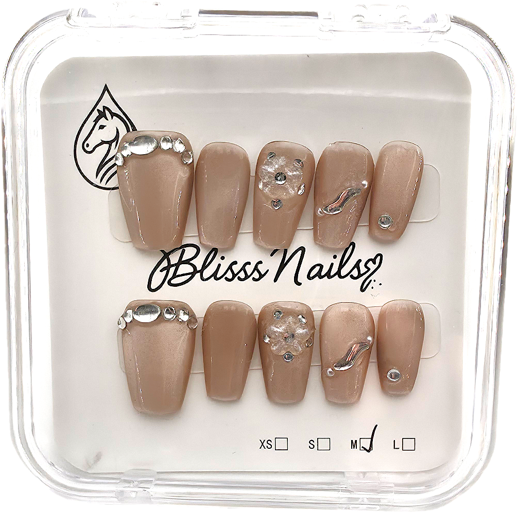 Blisss Nails Premium Handmade Nude Coffin with Cat Eye Effect Fake Nails – short Coffin Artificial Reusable Press On Nails with Crystal Rhinestones & Metallic Accent Design | Glossy Salon Finish  10 pc Nails Set