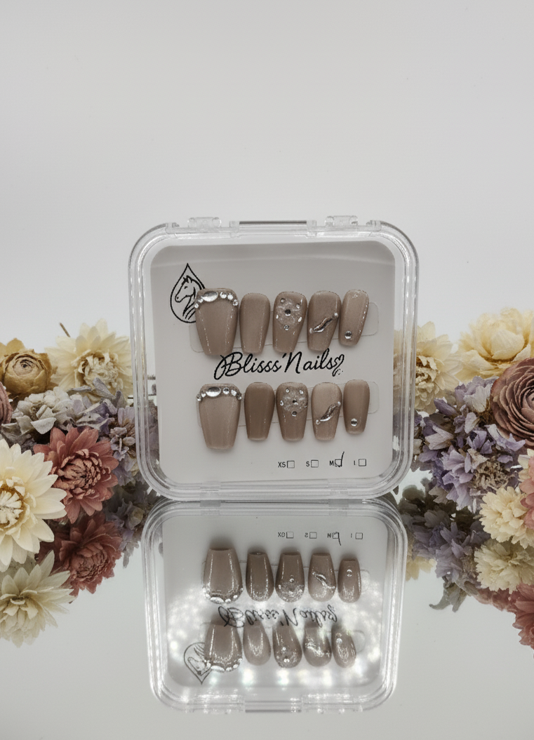Blisss Nails Premium Handmade Nude Coffin with Cat Eye Effect Fake Nails – short Coffin Artificial Reusable Press On Nails with Crystal Rhinestones & Metallic Accent Design | Glossy Salon Finish  10 pc Nails Set