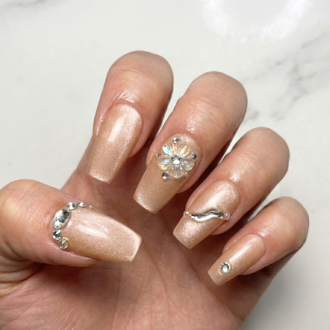 Blisss Nails Premium Handmade Nude Coffin with Cat Eye Effect Fake Nails – short Coffin Artificial Reusable Press On Nails with Crystal Rhinestones & Metallic Accent Design | Glossy Salon Finish  10 pc Nails Set
