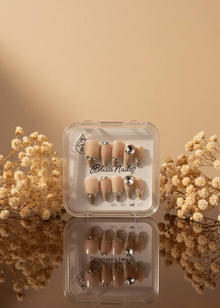 Blisss Nails Premium Handmade Nude Pink with Cat Eye Effect Gold French Fake Nails – Medium Almond Artificial Reusable Press On Nails with Crystal Rhinestones & Champagne Glitter Tips | Luxury Salon Finish 10 pc Nail Set