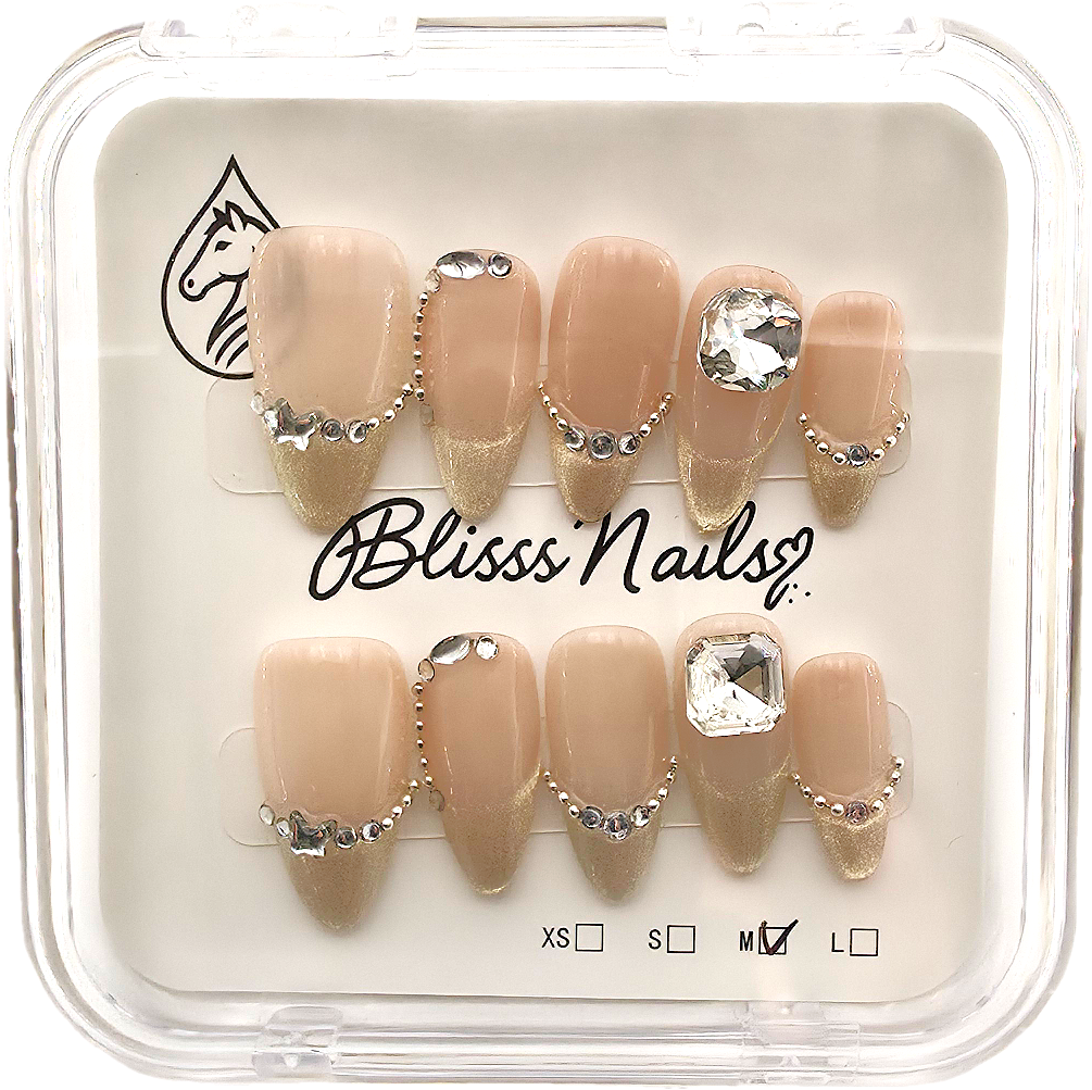 Blisss Nails Premium Handmade Nude Pink with Cat Eye Effect Gold French Fake Nails – Medium Almond Artificial Reusable Press On Nails with Crystal Rhinestones & Champagne Glitter Tips | Luxury Salon Finish 10 pc Nail Set