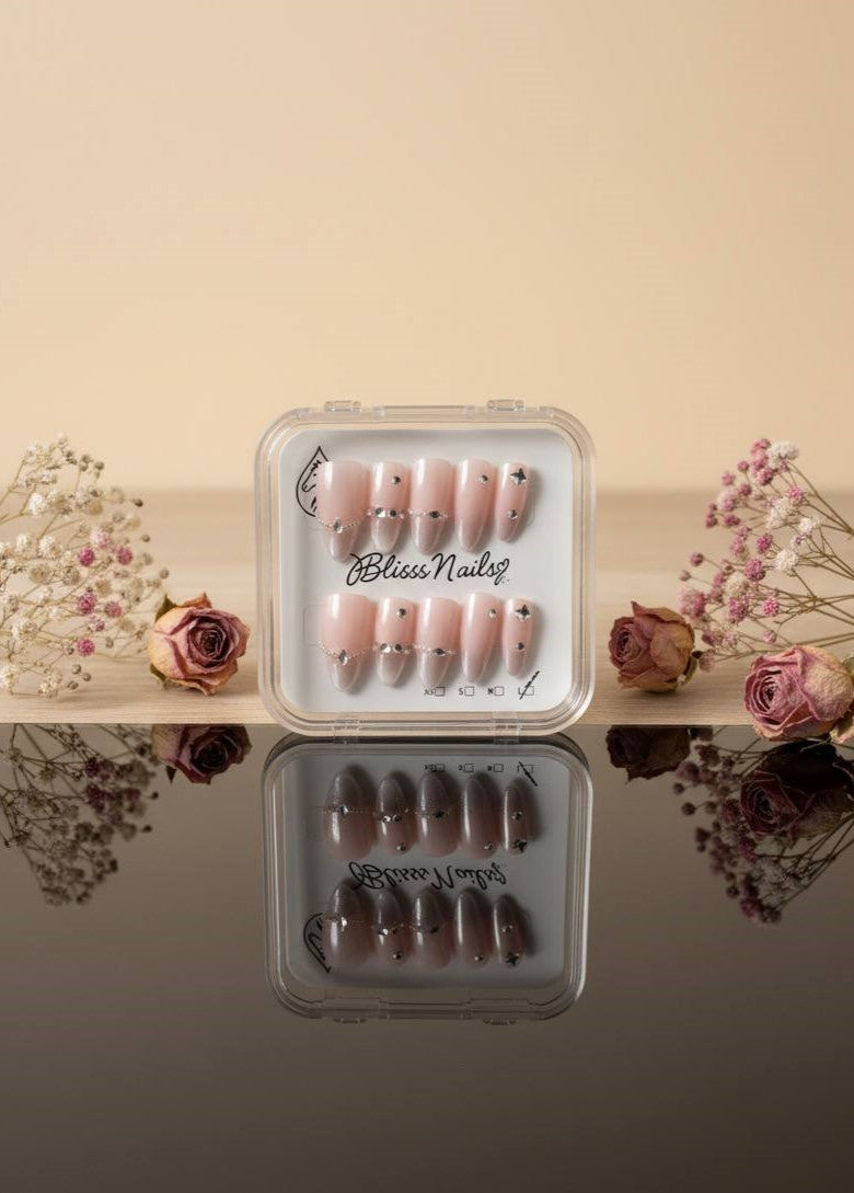 Blisss Nails Premium Handmade Pink Ombre with Cat Eye Effect Fake Nails – Medium Almond Artificial Reusable Press On Nails with Rhinestone Chain & Star Charm Design | Glossy Salon Finish 10 pc Nails Set