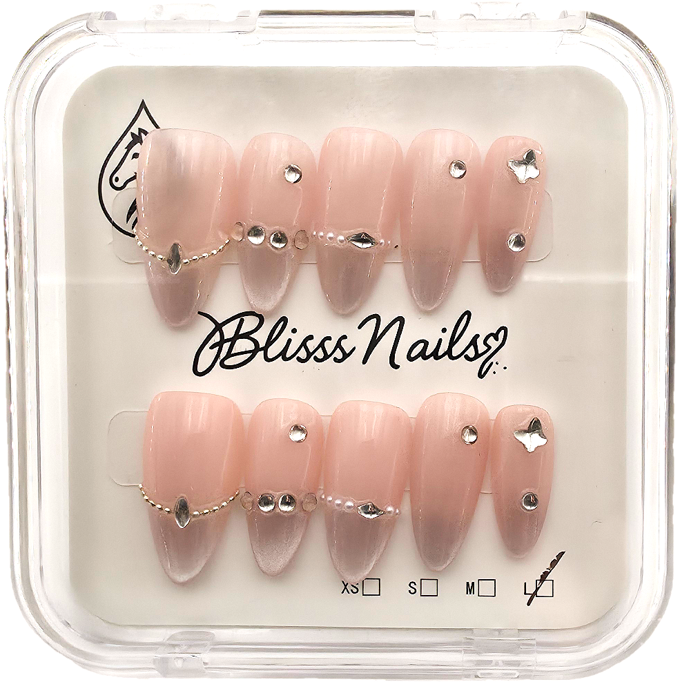 Blisss Nails Premium Handmade Pink Ombre with Cat Eye Effect Fake Nails – Medium Almond Artificial Reusable Press On Nails with Rhinestone Chain & Star Charm Design | Glossy Salon Finish 10 pc Nails Set