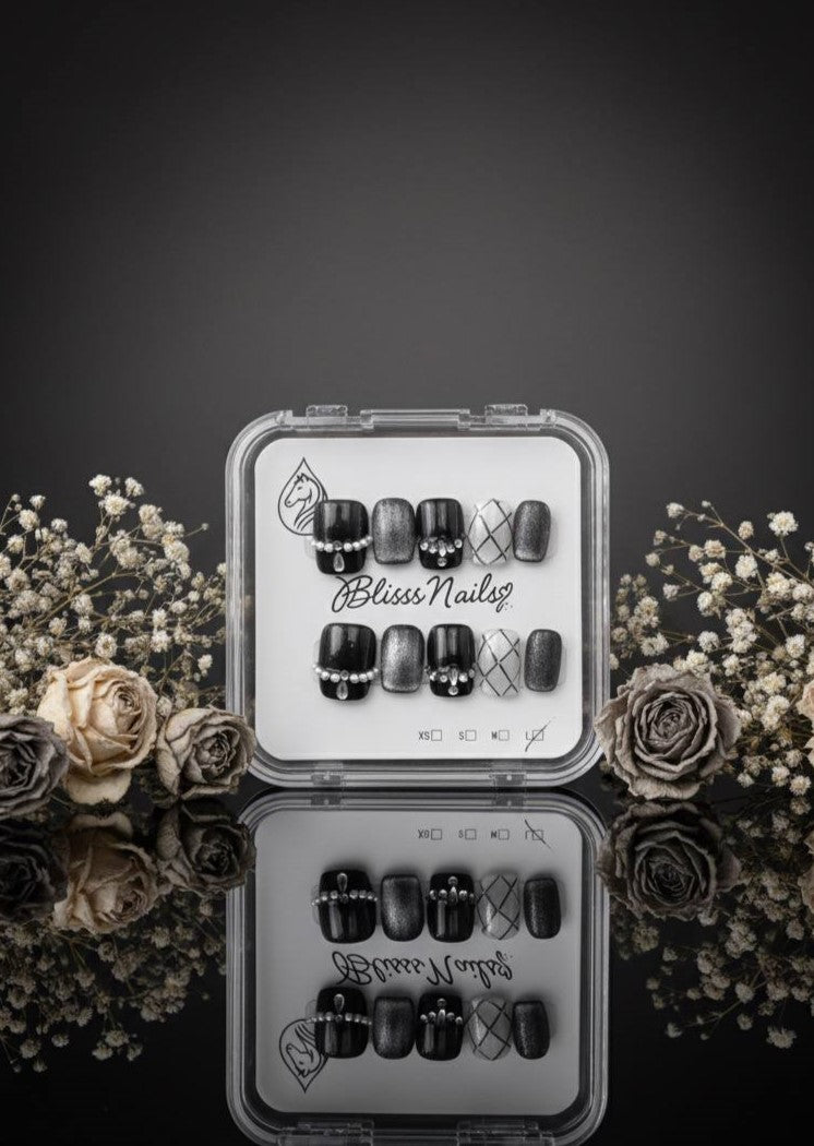 Blisss Nails Premium Handmade Black Glitter Fake Nails – Short Square Artificial Reusable Press On Nails with Rhinestones, Pearl Chain & Silver Pattern with Cat eye Effect Design | Luxury Salon Finish 10 pc Nail Set