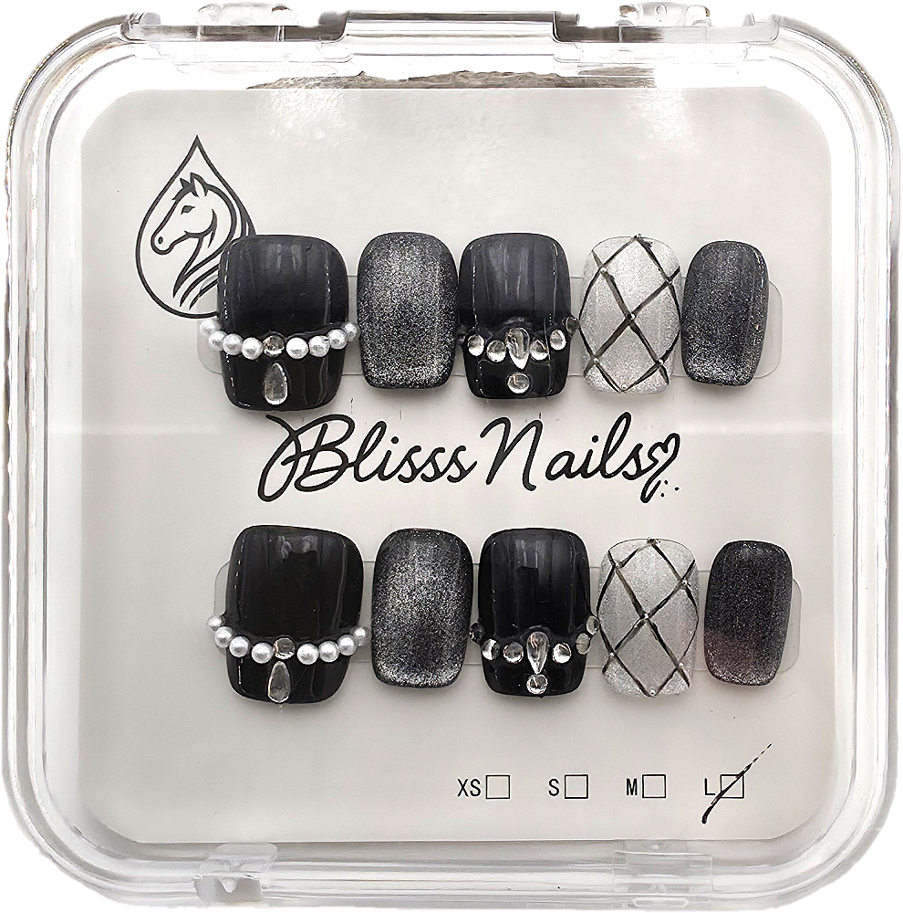 Blisss Nails Premium Handmade Black Glitter Fake Nails – Short Square Artificial Reusable Press On Nails with Rhinestones, Pearl Chain & Silver Pattern with Cat eye Effect Design | Luxury Salon Finish 10 pc Nail Set