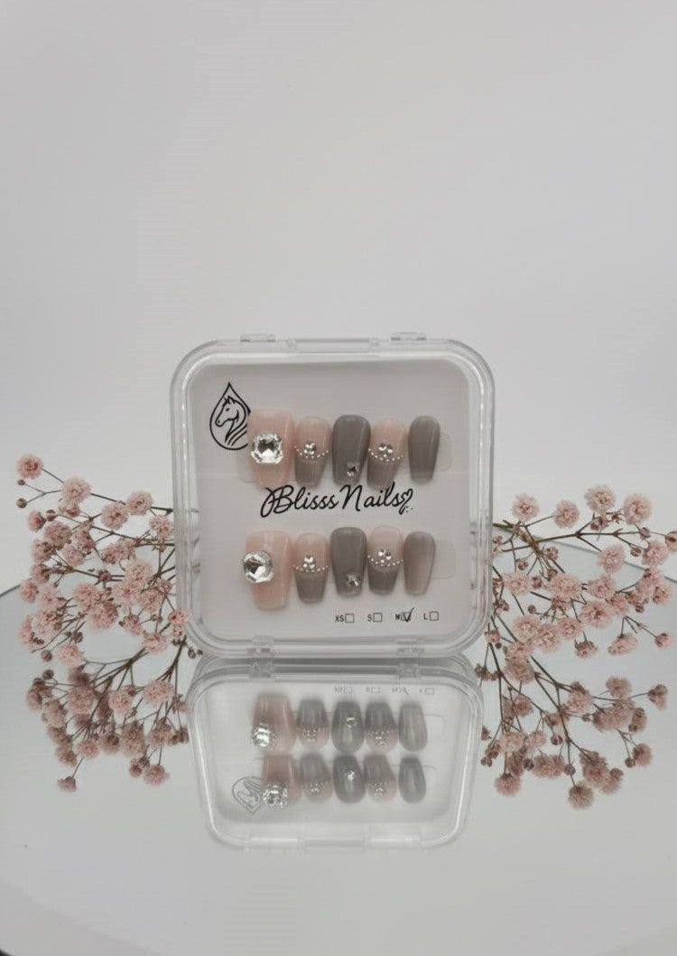 Blisss Nails Handmade Nude Grey Pink with Cat Eye Effect Press On Nails – Medium Coffin Reusable Artificial Fake Nails with Crystal Rhinestones & Ombre Design | Premium Salon Finish 10 pc Nail Set