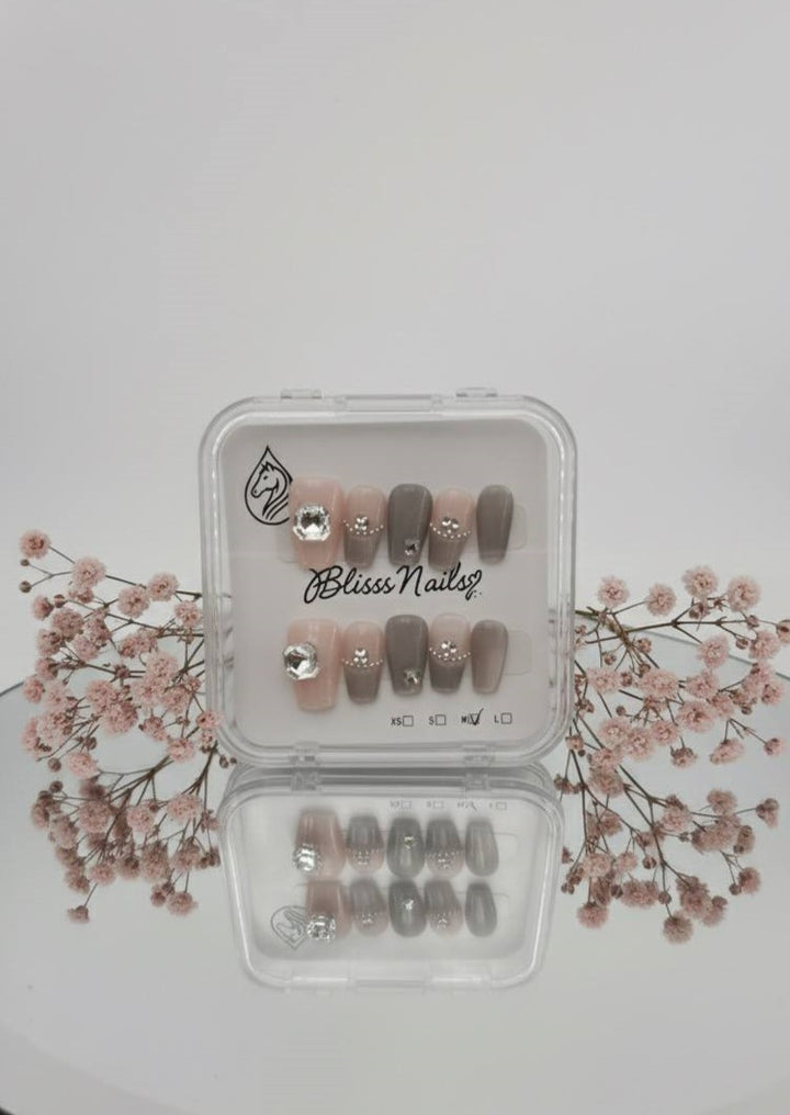 Blisss Nails Handmade Nude Grey Pink with Cat Eye Effect Press On Nails – Medium Coffin Reusable Artificial Fake Nails with Crystal Rhinestones & Ombre Design | Premium Salon Finish 10 pc Nail Set