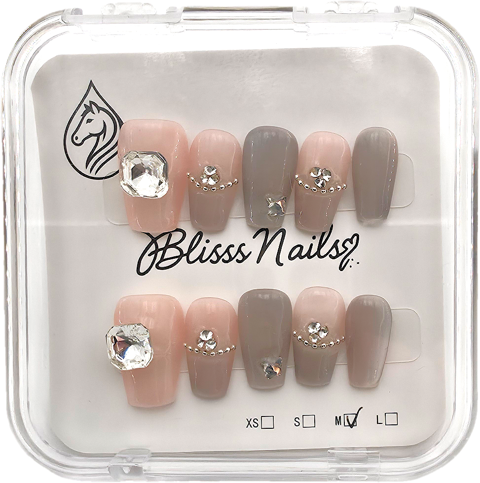 Blisss Nails Handmade Nude Grey Pink with Cat Eye Effect Press On Nails – Medium Coffin Reusable Artificial Fake Nails with Crystal Rhinestones & Ombre Design | Premium Salon Finish 10 pc Nail Set