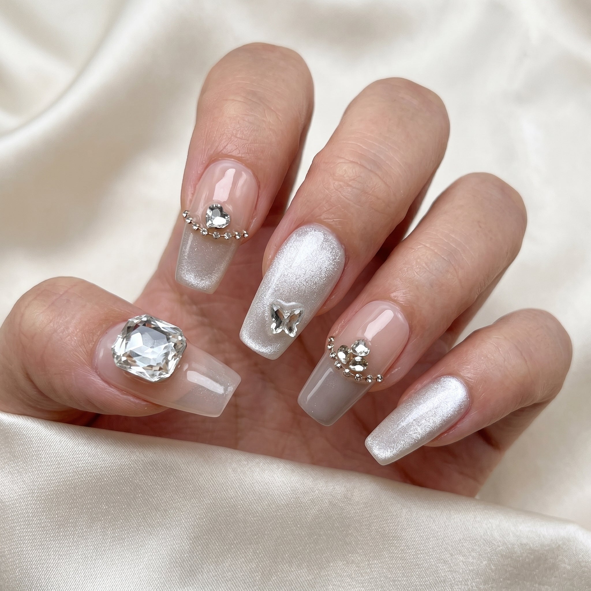 Blisss Nails Handmade Nude Grey Pink with Cat Eye Effect Press On Nails – Medium Coffin Reusable Artificial Fake Nails with Crystal Rhinestones & Ombre Design | Premium Salon Finish 10 pc Nail Set