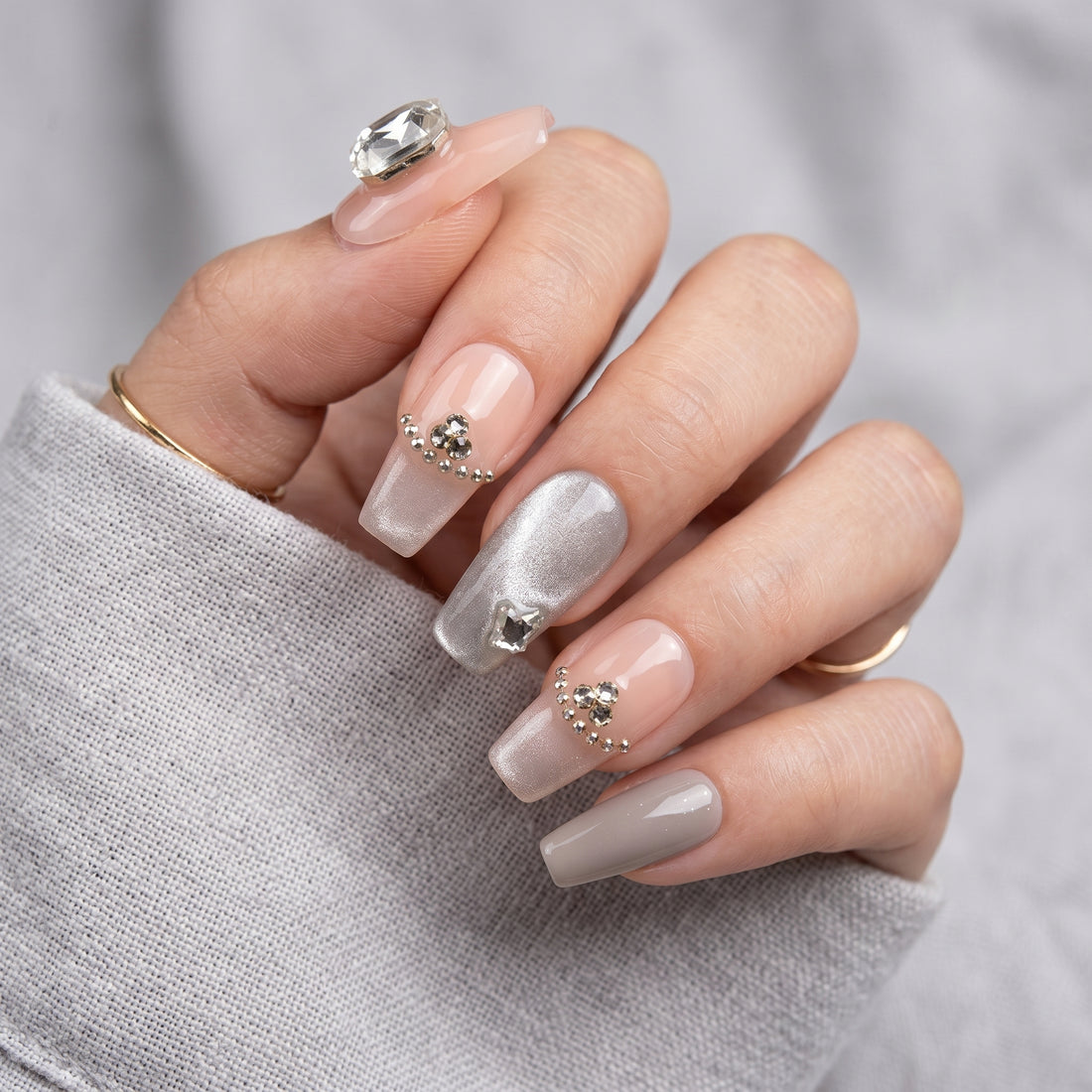 Blisss Nails Handmade Nude Grey Pink with Cat Eye Effect Press On Nails – Medium Coffin Reusable Artificial Fake Nails with Crystal Rhinestones & Ombre Design | Premium Salon Finish 10 pc Nail Set