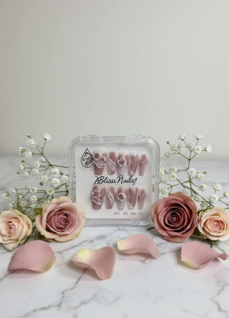 Blisss Nails Premium Handmade Fake Nails – 3D Floral Pink & White/Cream Matte Artificial Nails, Long Coffin Reusable Press On Nails for Women, Salon Finish  10 Pcs Nail Set