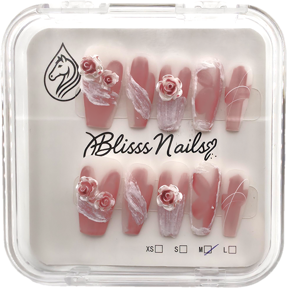 Blisss Nails Premium Handmade Fake Nails – 3D Floral Pink & White/Cream Matte Artificial Nails, Long Coffin Reusable Press On Nails for Women, Salon Finish  10 Pcs Nail Set