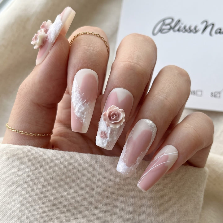Blisss Nails Premium Handmade Fake Nails – 3D Floral Pink & White/Cream Matte Artificial Nails, Long Coffin Reusable Press On Nails for Women, Salon Finish  10 Pcs Nail Set