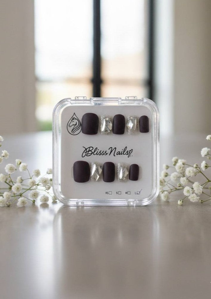 Blisss Nails Handmade Matt Burgundy/Maroon Press On Nails – Short Square Reusable Artificial Fake Nails with Silver Chrome & Glitter Accent | Premium Salon Finish 10 pc Nails Set