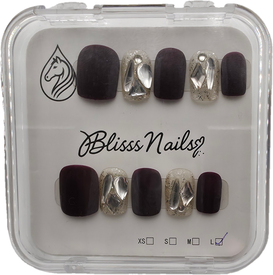 Blisss Nails Handmade Matt Burgundy/Maroon Press On Nails – Short Square Reusable Artificial Fake Nails with Silver Chrome & Glitter Accent | Premium Salon Finish 10 pc Nails Set