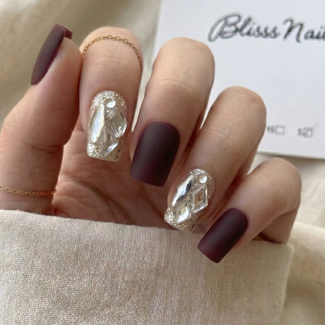 Blisss Nails Handmade Matt Burgundy/Maroon Press On Nails – Short Square Reusable Artificial Fake Nails with Silver Chrome & Glitter Accent | Premium Salon Finish 10 pc Nails Set