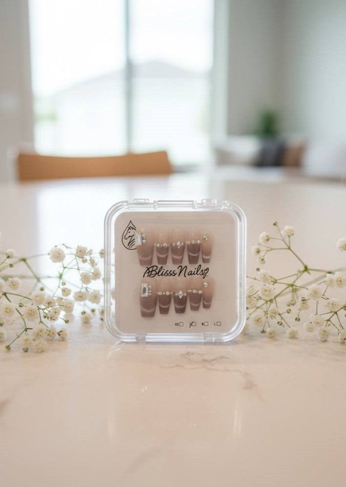 Blisss Nails Handmade Nude Ombre Press On Nails with Cat Eye Effect – Long Coffin Reusable Artificial Fake Nails with Rhinestones & Pearl Chain Design | Premium Salon Finish 10 pc nail Set