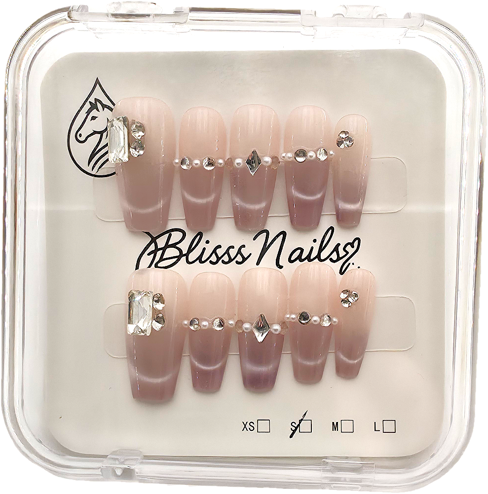 Blisss Nails Handmade Nude Ombre Press On Nails with Cat Eye Effect – Long Coffin Reusable Artificial Fake Nails with Rhinestones & Pearl Chain Design | Premium Salon Finish 10 pc nail Set