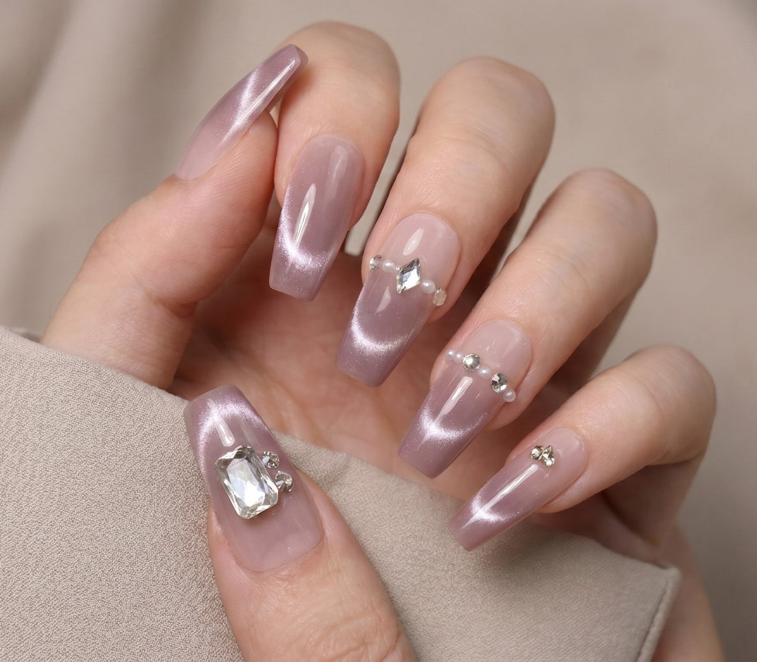 Blisss Nails Handmade Nude Ombre Press On Nails with Cat Eye Effect – Long Coffin Reusable Artificial Fake Nails with Rhinestones & Pearl Chain Design | Premium Salon Finish 10 pc nail Set