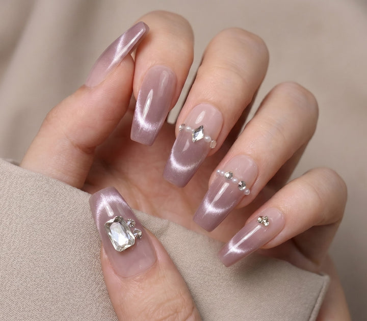 Blisss Nails Handmade Nude Ombre Press On Nails with Cat Eye Effect – Long Coffin Reusable Artificial Fake Nails with Rhinestones & Pearl Chain Design | Premium Salon Finish 10 pc nail Set