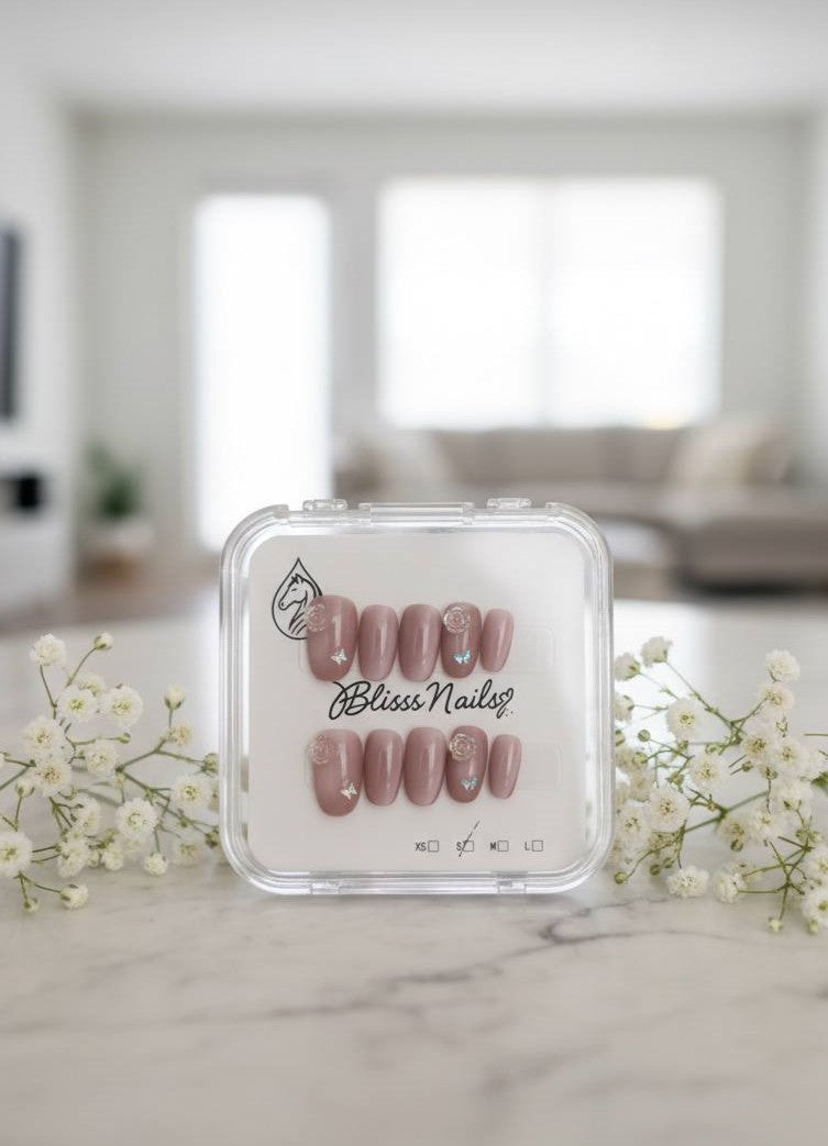 Blisss Nails Handmade Soft Pink with Cat Eye Effect Press On Nails – Oval Reusable Artificial Fake Nails with 3D Rose & Butterfly Accent | Premium Salon Finish 10 pc Nails Set
