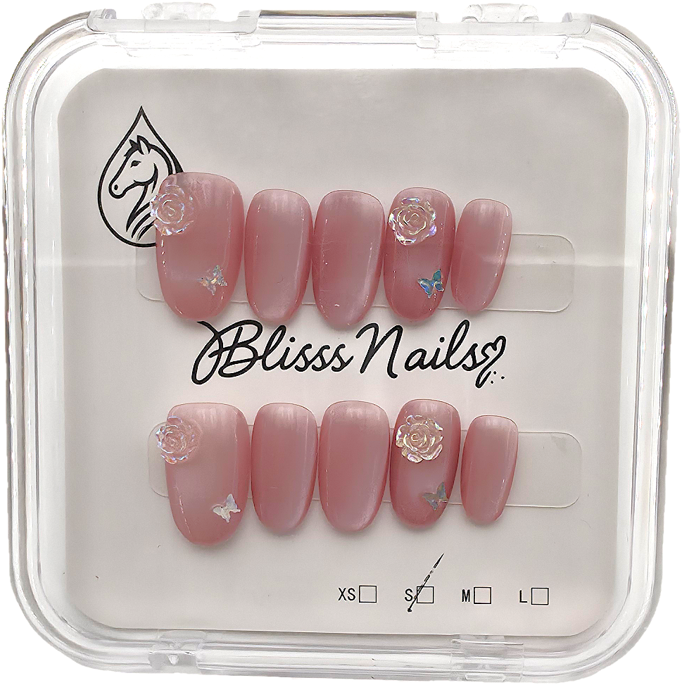 Blisss Nails Handmade Soft Pink with Cat Eye Effect Press On Nails – Oval Reusable Artificial Fake Nails with 3D Rose & Butterfly Accent | Premium Salon Finish 10 pc Nails Set