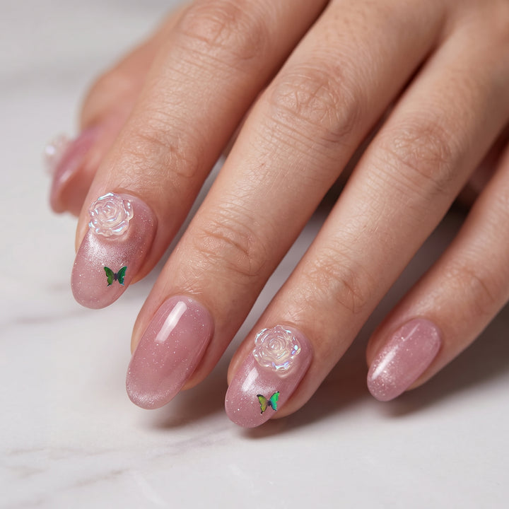 Blisss Nails Handmade Soft Pink with Cat Eye Effect Press On Nails – Oval Reusable Artificial Fake Nails with 3D Rose & Butterfly Accent | Premium Salon Finish 10 pc Nails Set