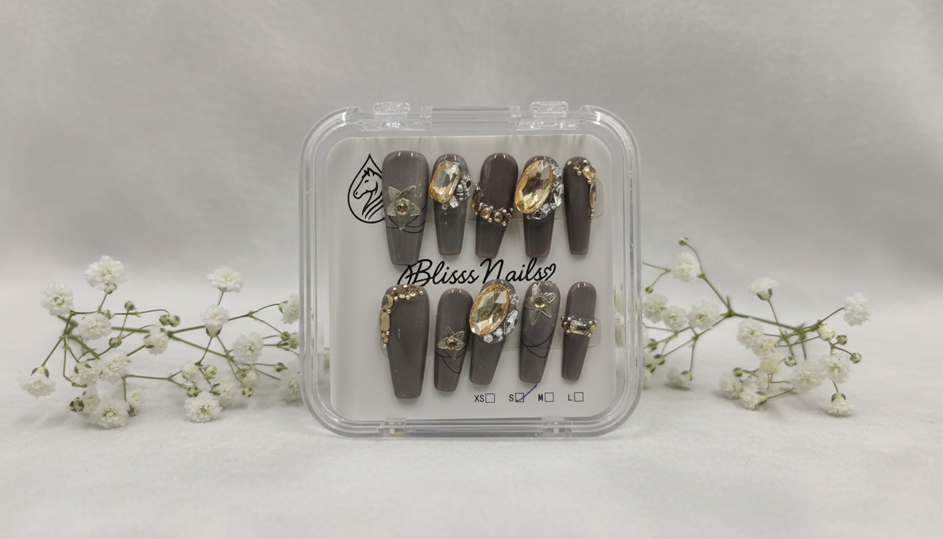 Blisss Nails Premium Handmade Ash/Grey Fake Nails with Cat Eye Effect– Long Coffin Artificial Reusable Press On Nails with Crystal Rhinestones for Women | Luxury Salon Finish  10 Pcs Nail Set
