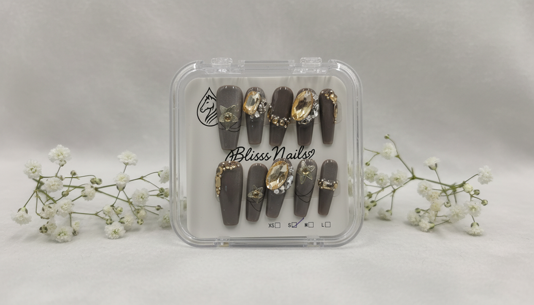 Blisss Nails Premium Handmade Ash/Grey Fake Nails with Cat Eye Effect– Long Coffin Artificial Reusable Press On Nails with Crystal Rhinestones for Women | Luxury Salon Finish  10 Pcs Nail Set