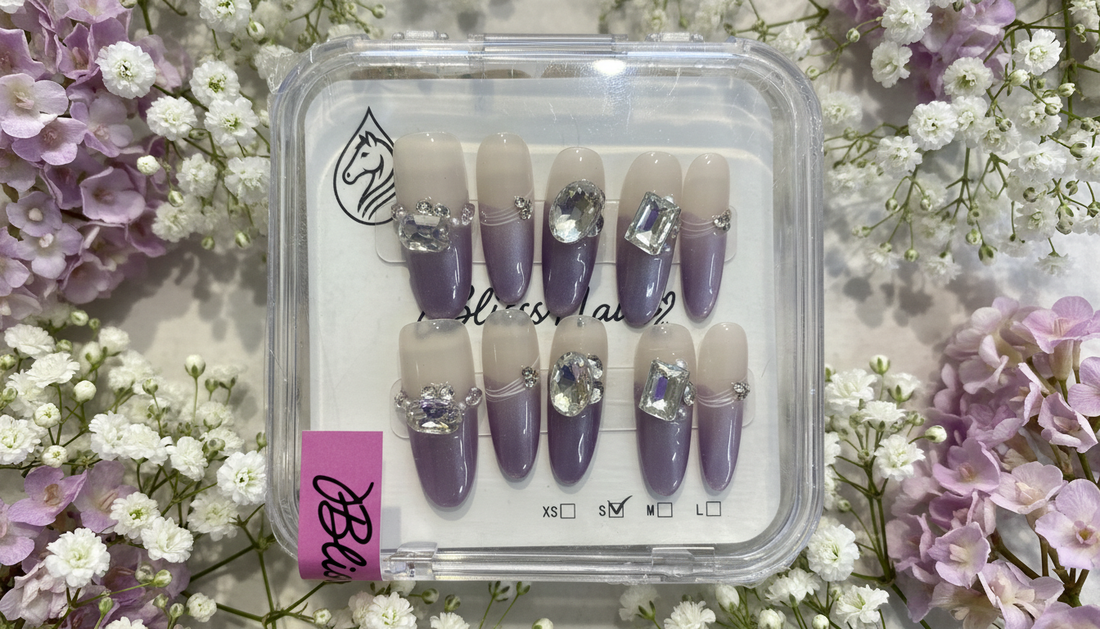 Blisss Nails Premium Handmade Purple Ombre With Cat Eye Effect Fake Nails – Long Coffin Artificial Reusable Press On Nails with Rhinestones for Women | Glossy Salon Finish  10 Pcs Nail Set