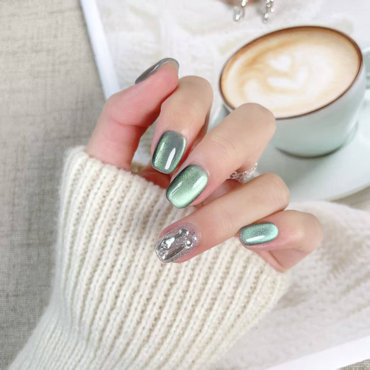 Blisss Nails Handmade Green with Cat Eye Effect Silver Glitter Press On Nails – Short Square Reusable Artificial Fake Nails with Silver Crystal Accent | Premium Gradient Nail Art 10 pc Nails Set