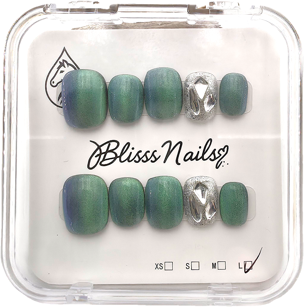Blisss Nails Handmade Green with Cat Eye Effect Silver Glitter Press On Nails – Short Square Reusable Artificial Fake Nails with Silver Crystal Accent | Premium Gradient Nail Art 10 pc Nails Set