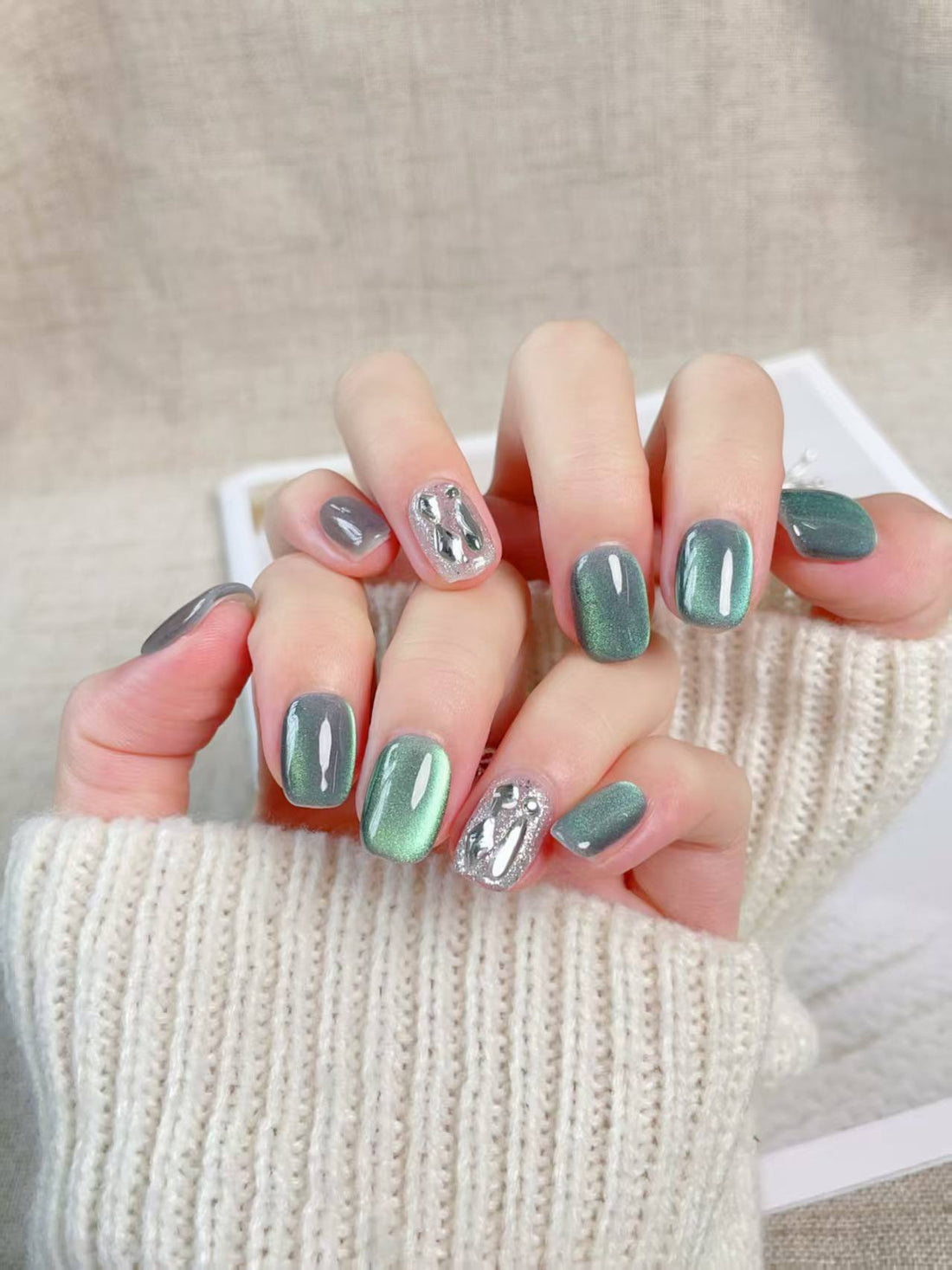 Blisss Nails Handmade Green with Cat Eye Effect Silver Glitter Press On Nails – Short Square Reusable Artificial Fake Nails with Silver Crystal Accent | Premium Gradient Nail Art 10 pc Nails Set