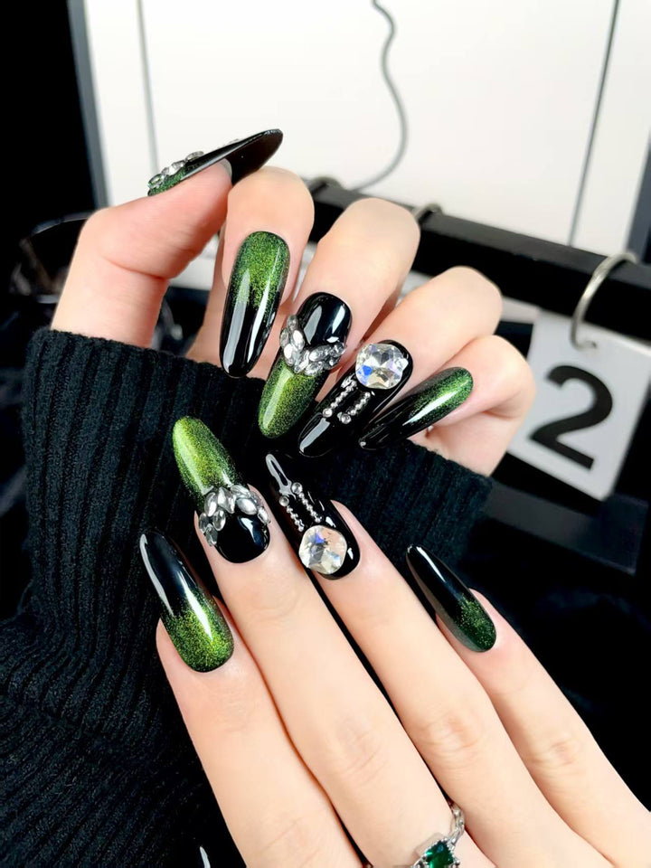 Blisss Nails Coffin Shape with Cat Eye Effect Emerald Green & Black Crystal Ombre Luxury 10 Pcs Nail Set