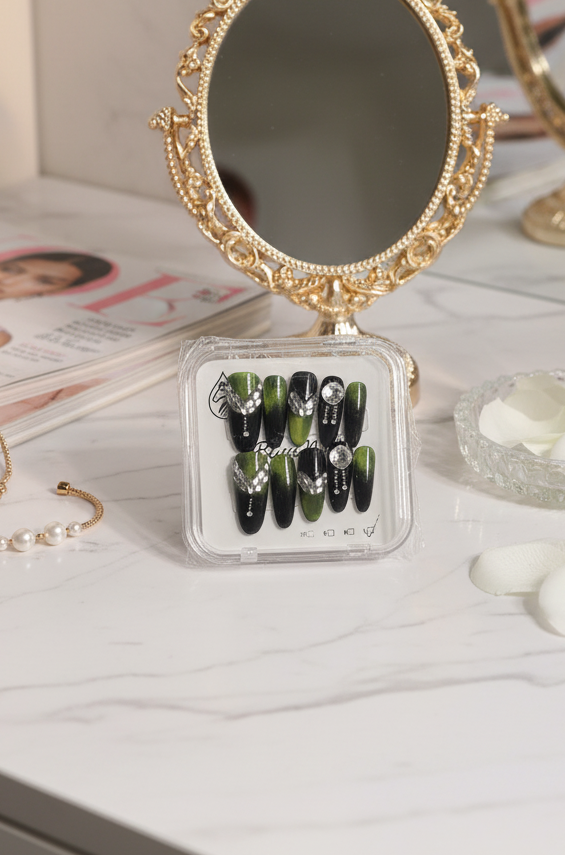 Blisss Nails Coffin Shape with Cat Eye Effect Emerald Green & Black Crystal Ombre Luxury 10 Pcs Nail Set