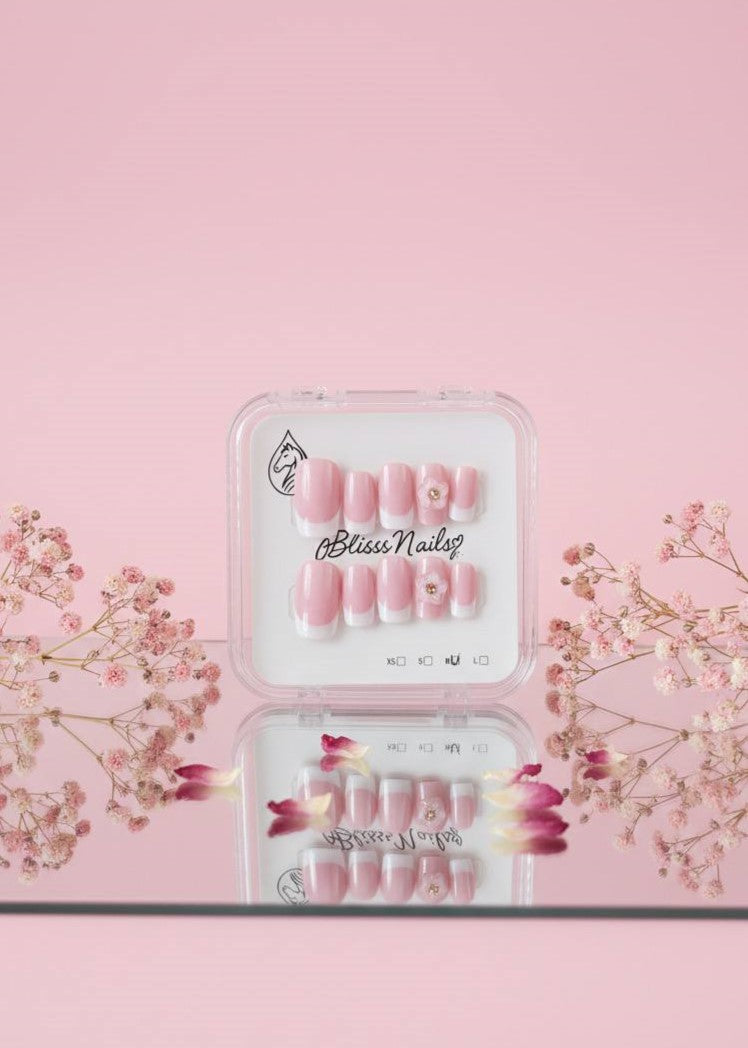 Blisss Nails Handmade Pink French Tip Press On Nails – Medium Square Reusable Artificial Fake Nails with 3D Flower Accent | Premium Elegant Nail Art 10 Pc Nails Set
