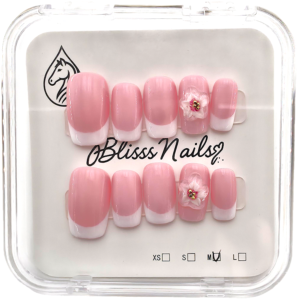 Blisss Nails Handmade Pink French Tip Press On Nails – Medium Square Reusable Artificial Fake Nails with 3D Flower Accent | Premium Elegant Nail Art 10 Pc Nails Set
