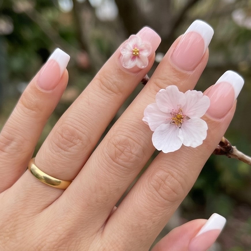 Blisss Nails Handmade Pink French Tip Press On Nails – Medium Square Reusable Artificial Fake Nails with 3D Flower Accent | Premium Elegant Nail Art 10 Pc Nails Set