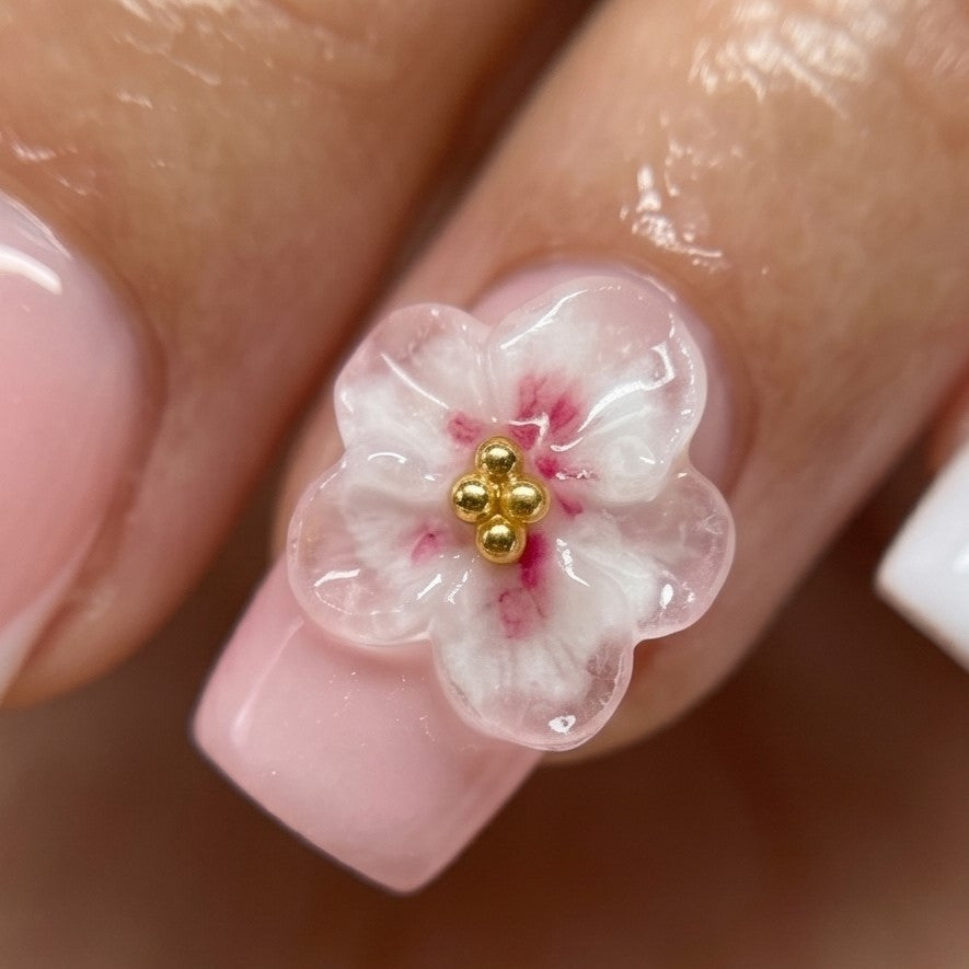 Blisss Nails Handmade Pink French Tip Press On Nails – Medium Square Reusable Artificial Fake Nails with 3D Flower Accent | Premium Elegant Nail Art 10 Pc Nails Set