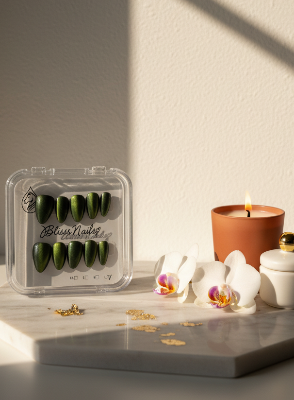 Blisss Nails' Press On Nails  Green Almond Cat Eye Effect Almond Shape